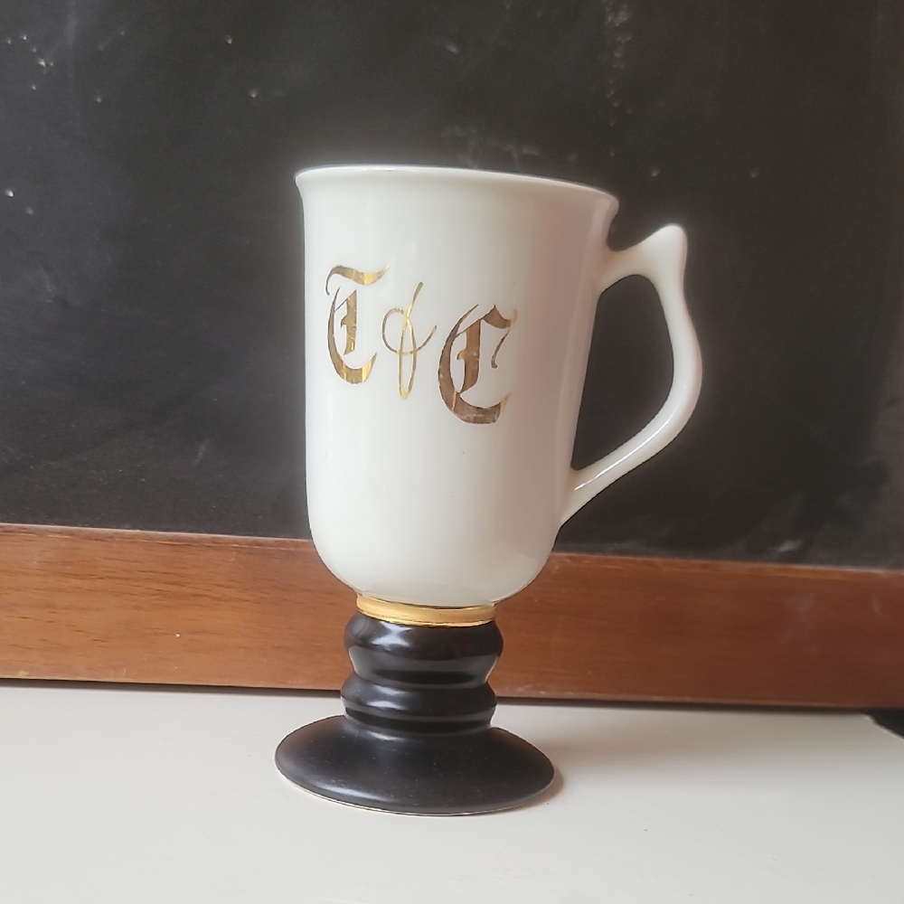 Elegant White Gold Monogrammed T&C Mug Hull Pottery Stonware Irish Coffee Mug